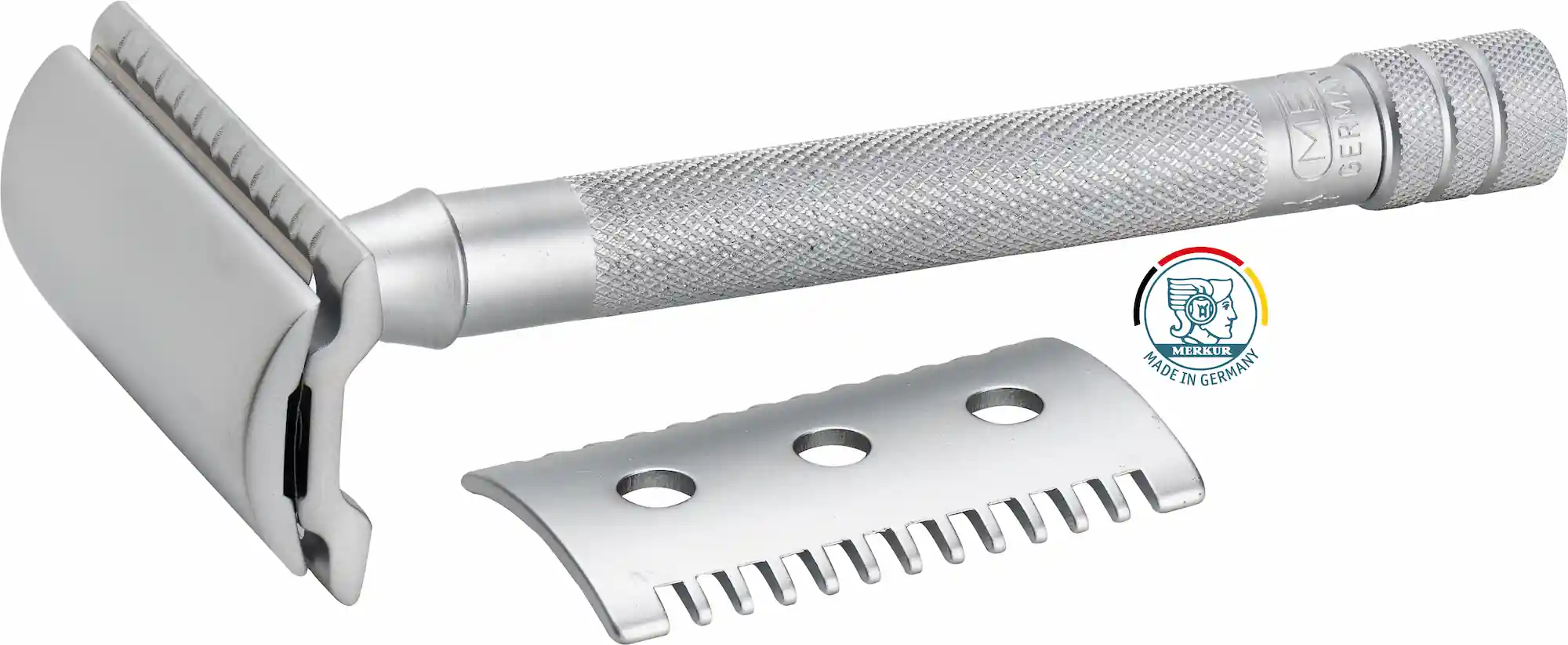 Merkur 22c Matte Chrome Dual Closed & Open Comb Plates 3 Piece Long Handle Safety Razor - Image 4