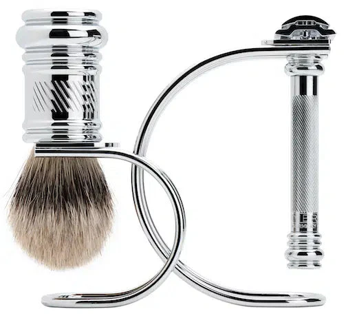 Merkur 3 Piece Shaving Set Chrome Finish with 38C Razor Silver Tip Badger Brush and Stand - Image 3