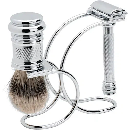 Merkur 3 Piece Shaving Set Chrome Finish with 38C Razor Silver Tip Badger Brush and Stand - Image 4
