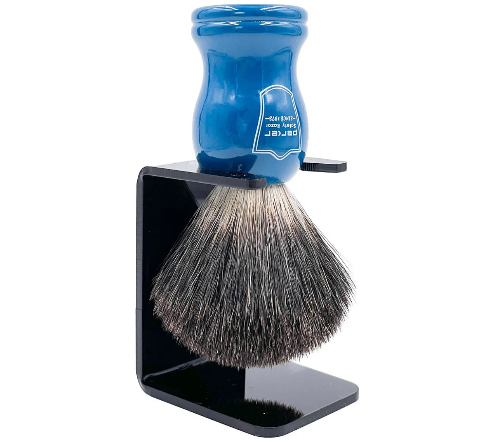 Parker Blue Wood Handle Black Badger Shaving Brush and Stand