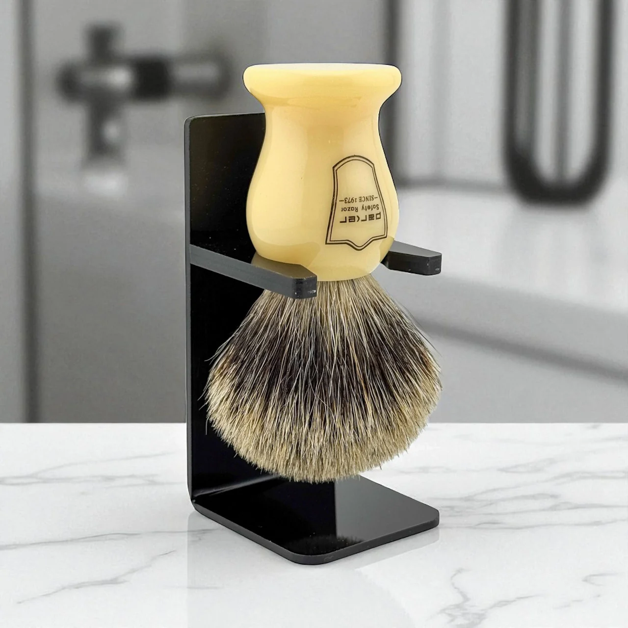 Parker Classic Ivory Handle Pure Badger Shaving Brush and Stand - Image 3