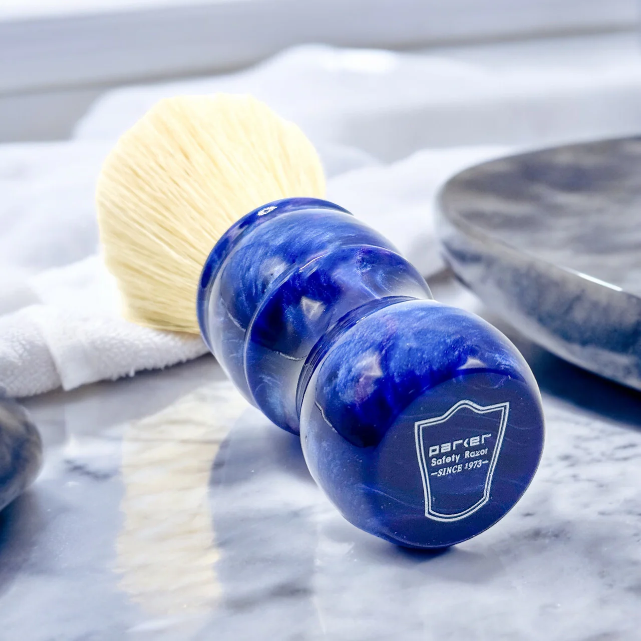 Parker Deluxe Iridescent Blue Handle Boar Shaving Brush & Stand - Image 3