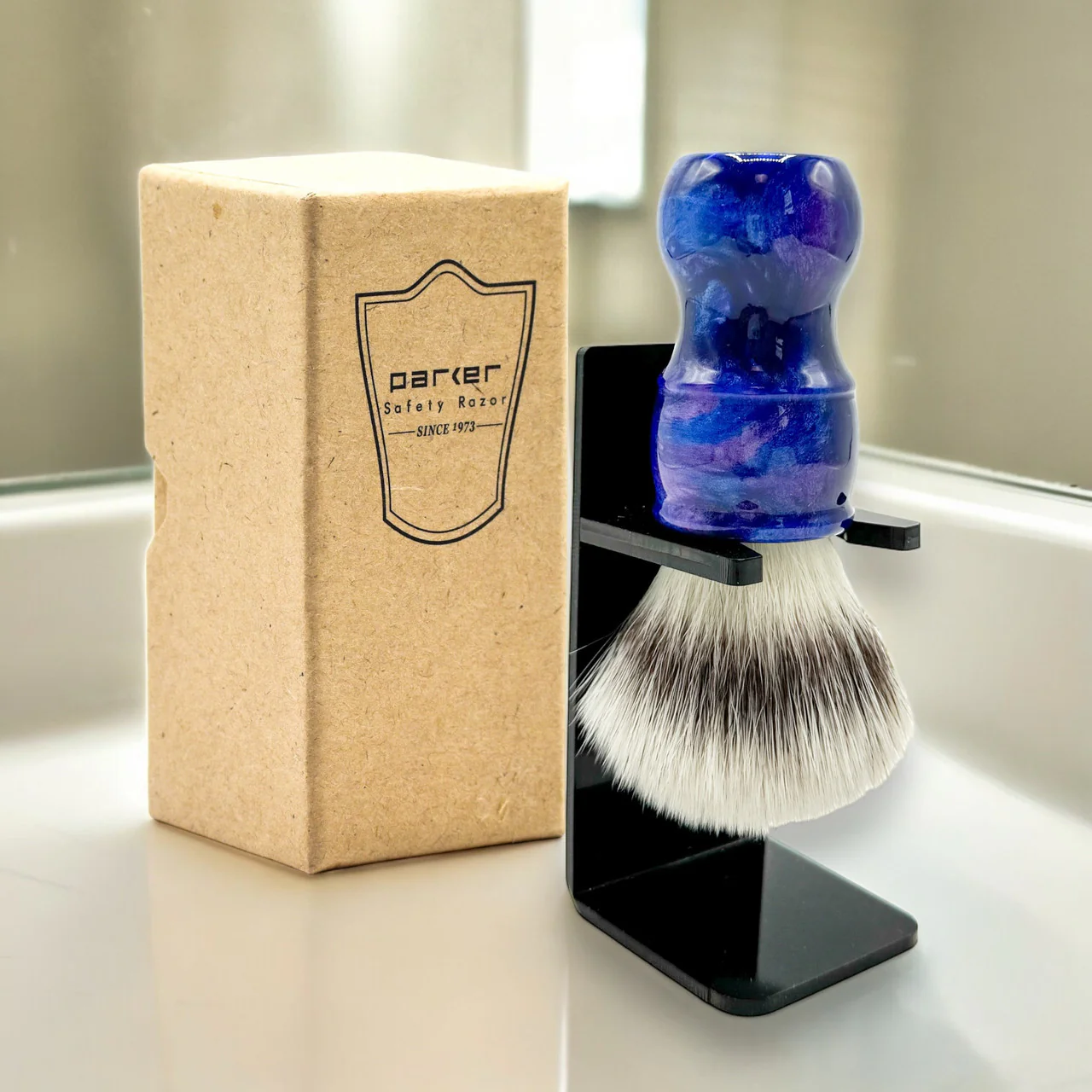 Parker Deluxe Iridescent Blue Handle Synthetic Shaving Brush & Stand - Image 2