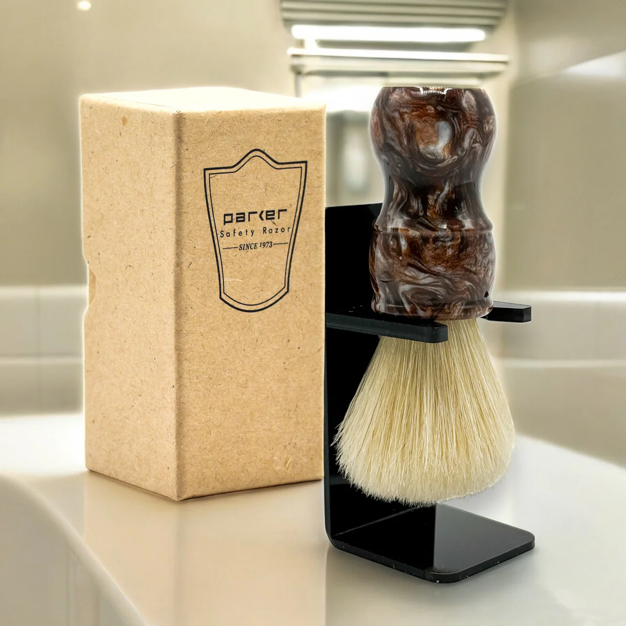 Parker Deluxe Iridescent Tortoise Handle Boar Shaving Brush & Stand - Image 3