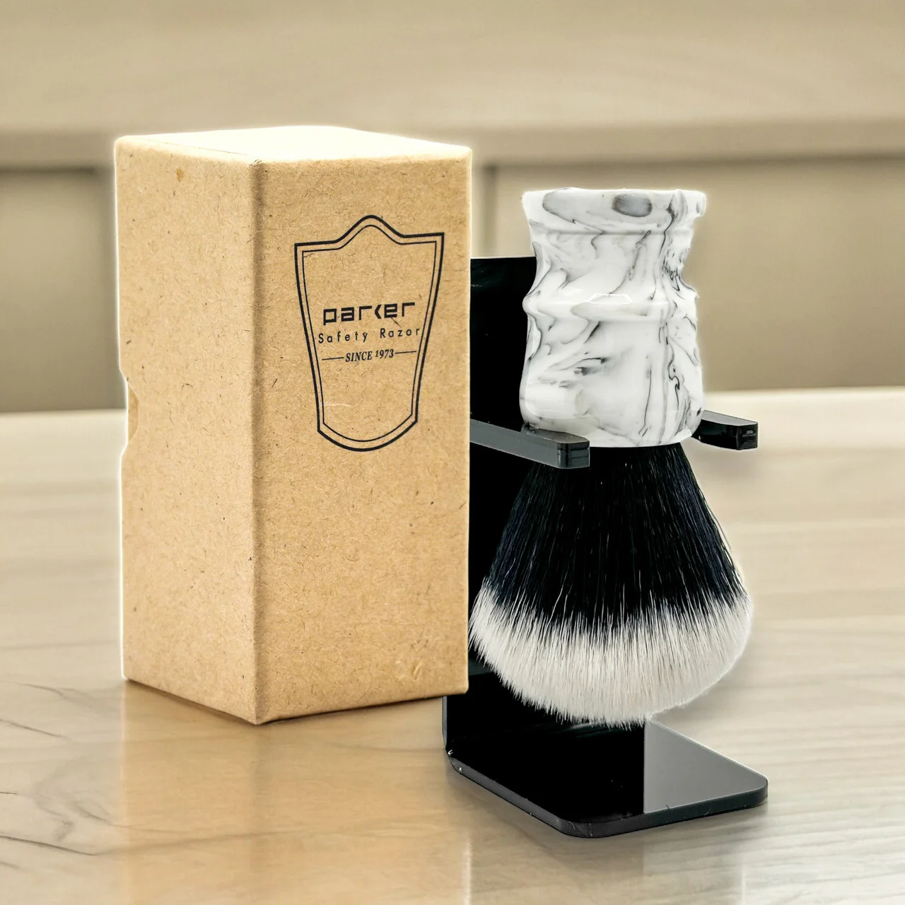 Parker Marbled White & Black Tuxedo Knot Synthetic Shaving Brush & Stand - Image 3