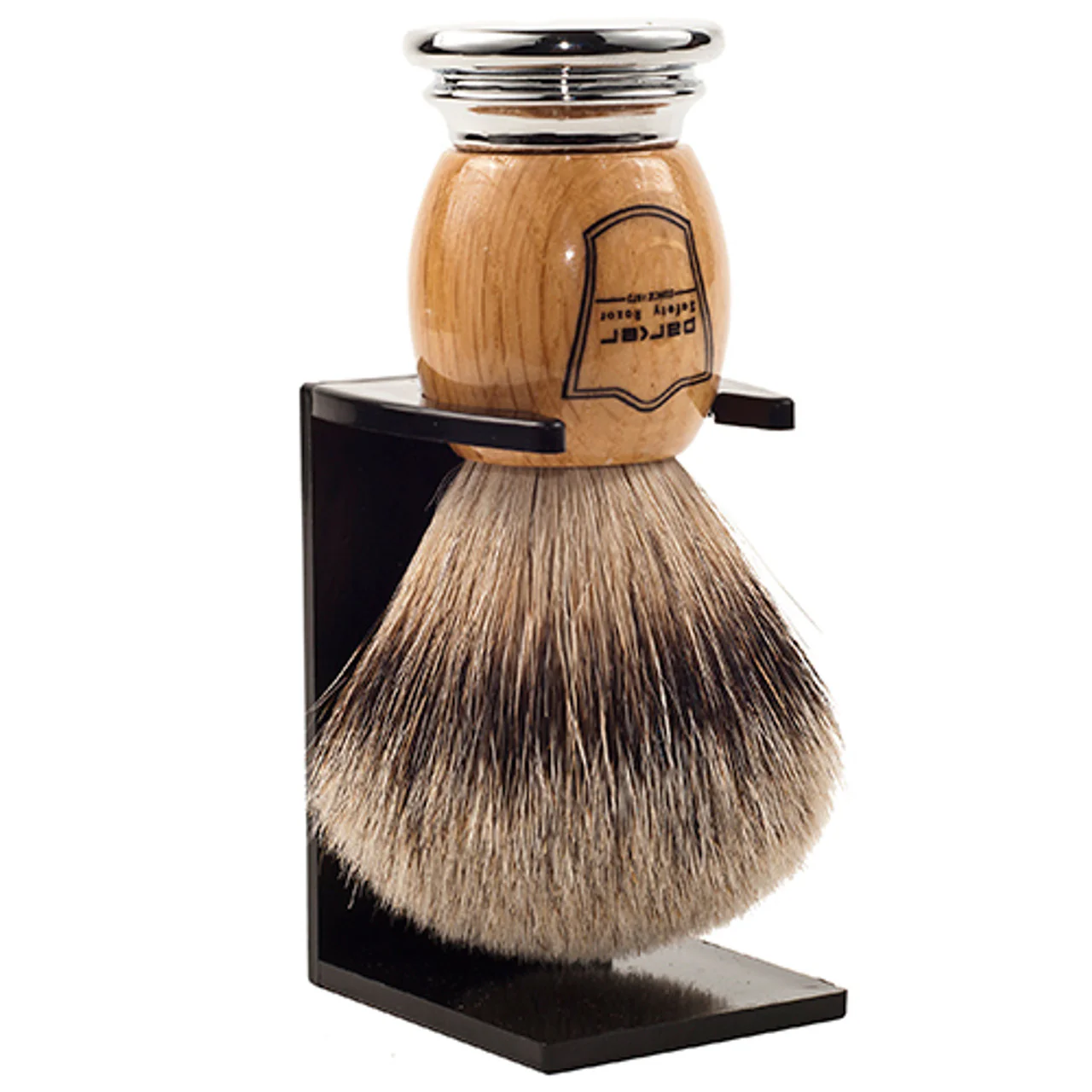 Parker Olivewood Handle Silvertip Badger Shaving Brush and Stand - Image 2