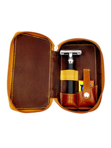 Parker - Saddle Brown Genuine Leather Safety Razor Travel Case - Image 3