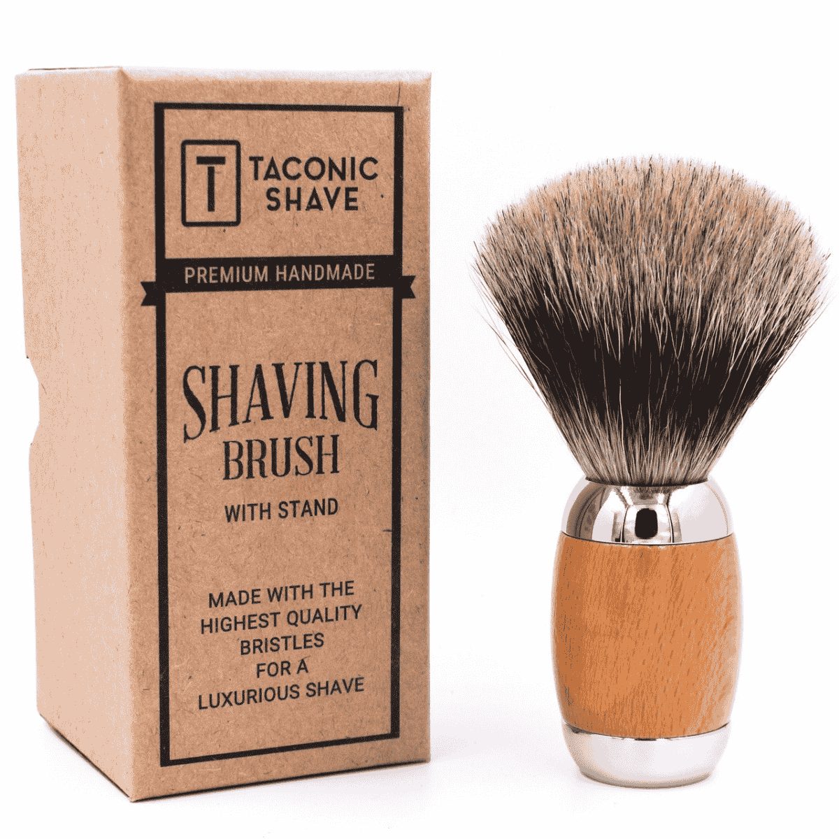 Taconic Shave Wood & Chrome Handle Deluxe Pure Badger Shave Brush & Stand - Image 4