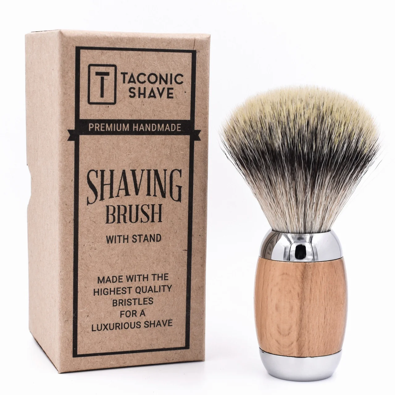 Taconic Shave Wood & Chrome Handle Synthetic Shave Brush & Stand - Image 3