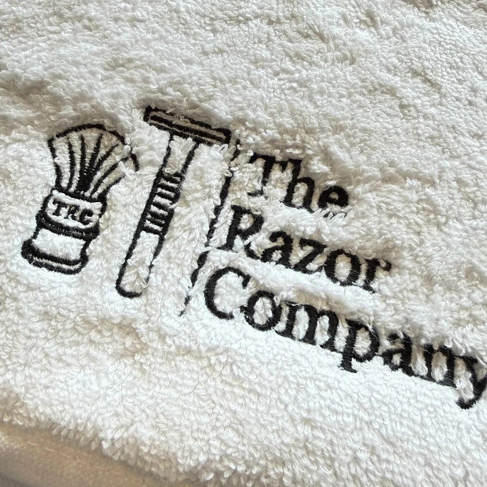 TRC Luxury Shaving Towel White Turkish Cotton w/ Black Embroidery - Image 2