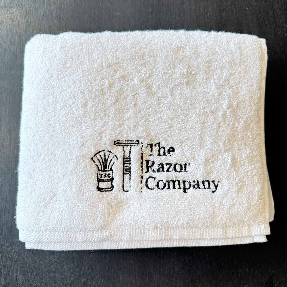 TRC Luxury Shaving Towel White Turkish Cotton w/ Black Embroidery - Image 3