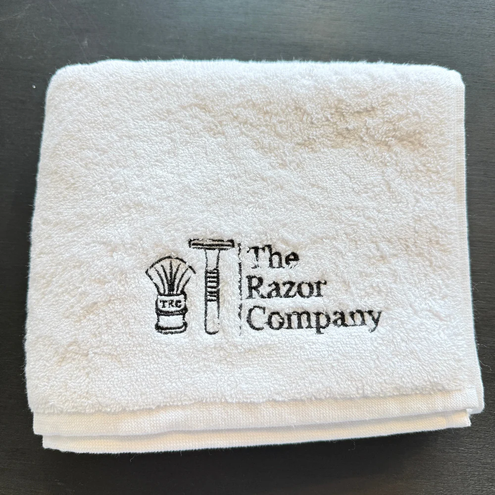 TRC Luxury Shaving Towel White Turkish Cotton w/ Black Embroidery - Image 4
